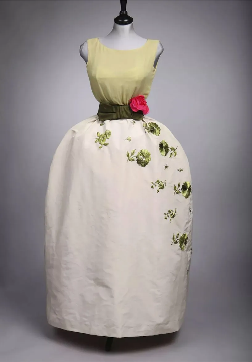 1960s Jane Frye Silk Green Dress with 3D Floral Applique