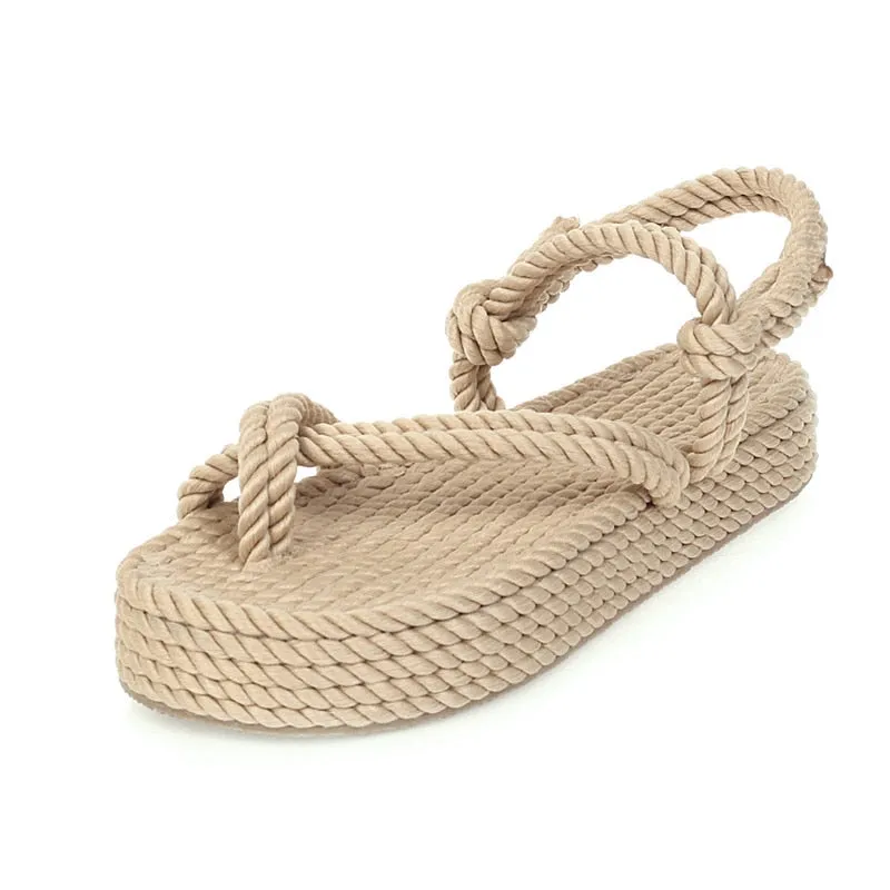 Amozae-  Hot Summer Women Flat Sandals Casual Rope Female Wedge Beach Shoes Woman Comfortable Platform Sandals For Girls Black Beige