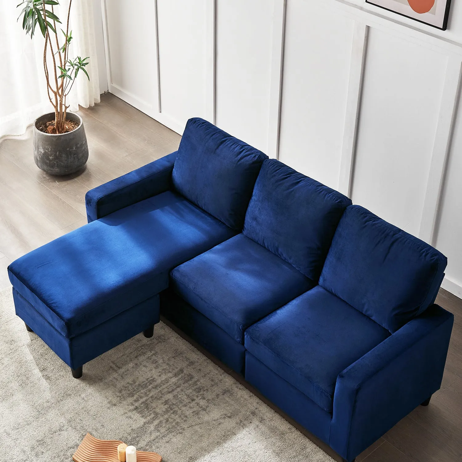 Campbell 3 Seater Sofa with Reversible Chaise in Blue Velvet