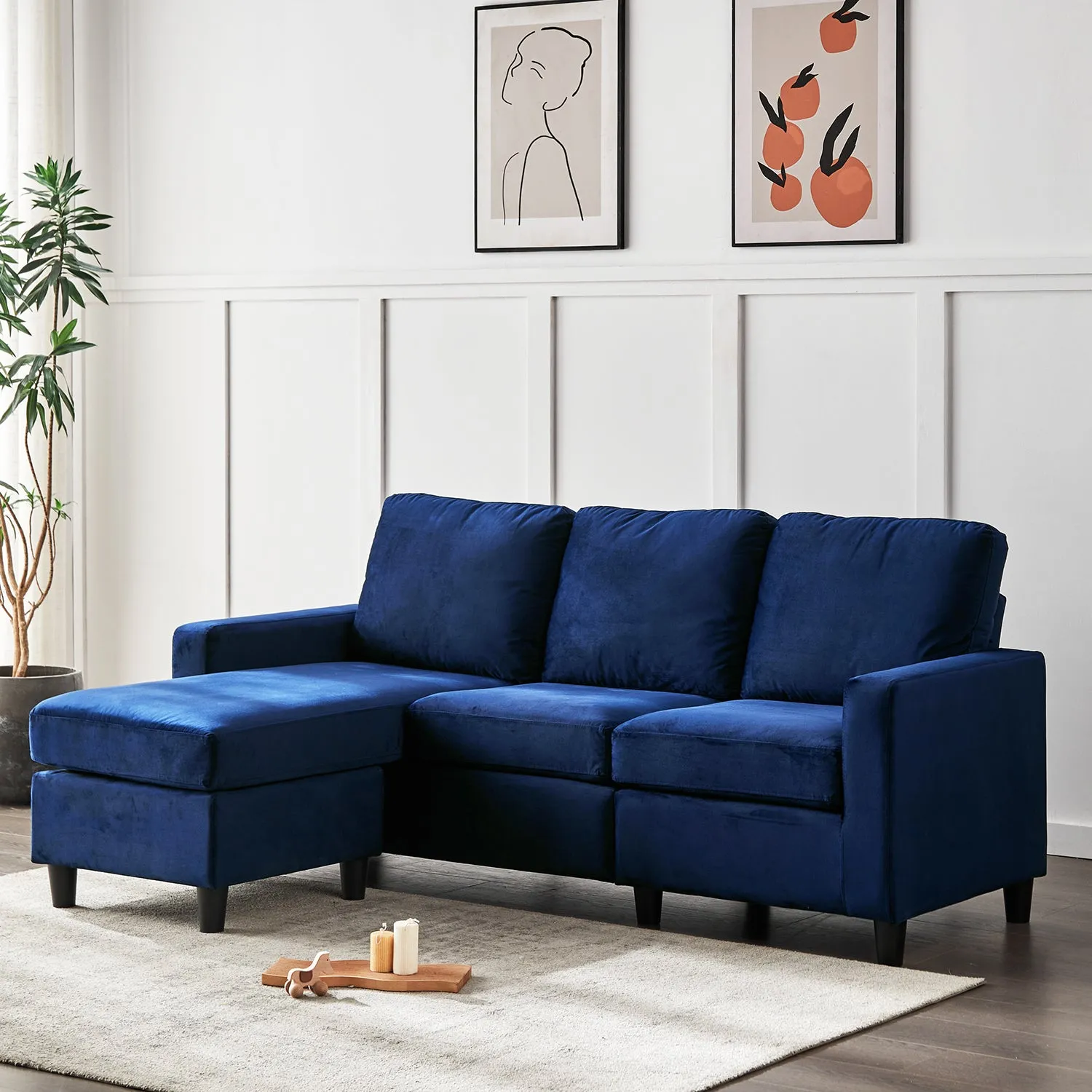 Campbell 3 Seater Sofa with Reversible Chaise in Blue Velvet