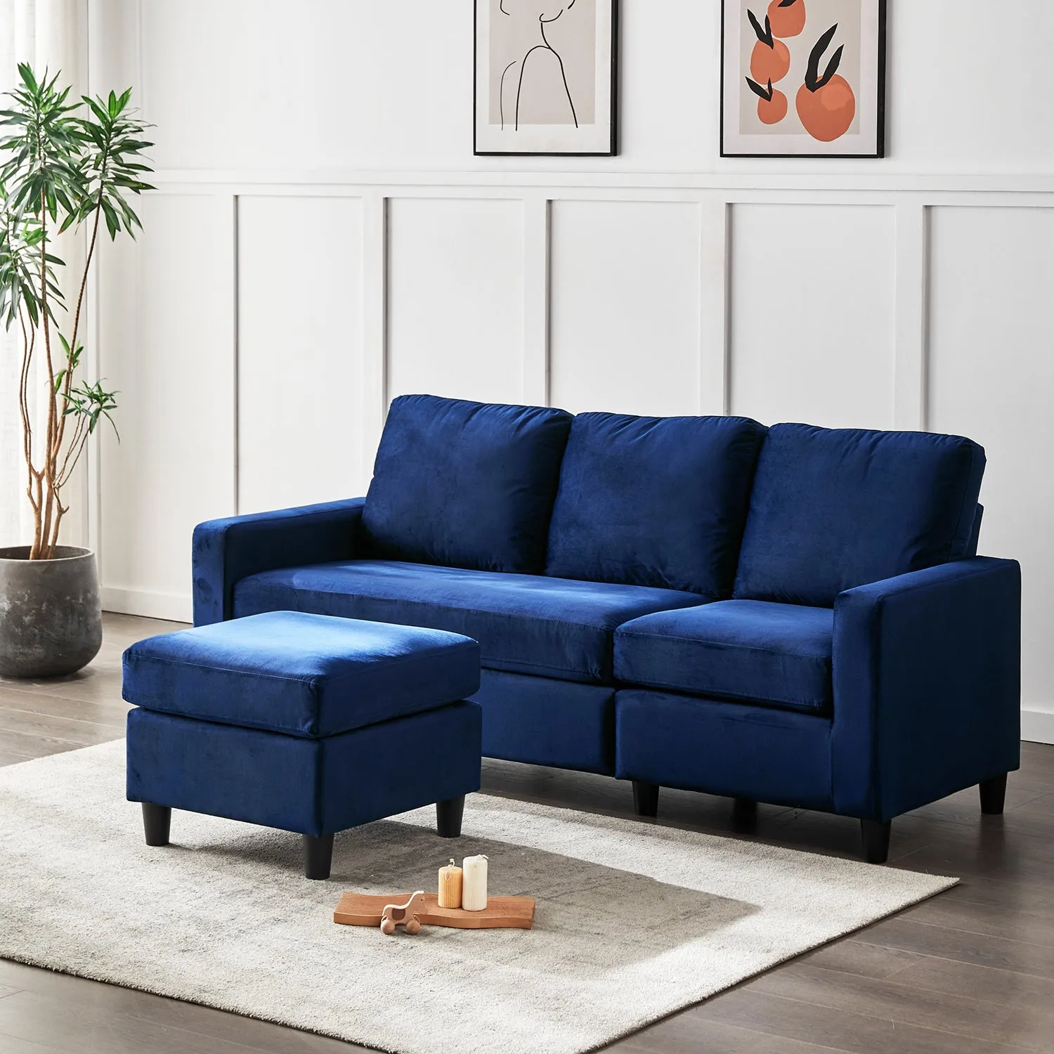 Campbell 3 Seater Sofa with Reversible Chaise in Blue Velvet