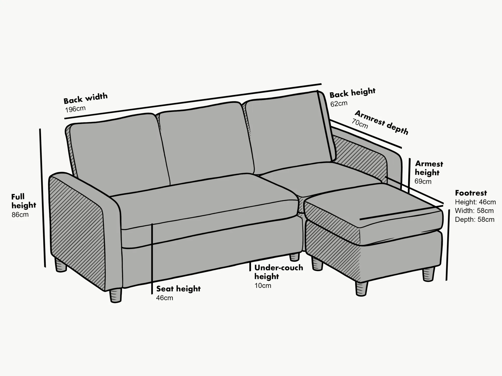 Campbell 3 Seater Sofa with Reversible Chaise in Light Grey