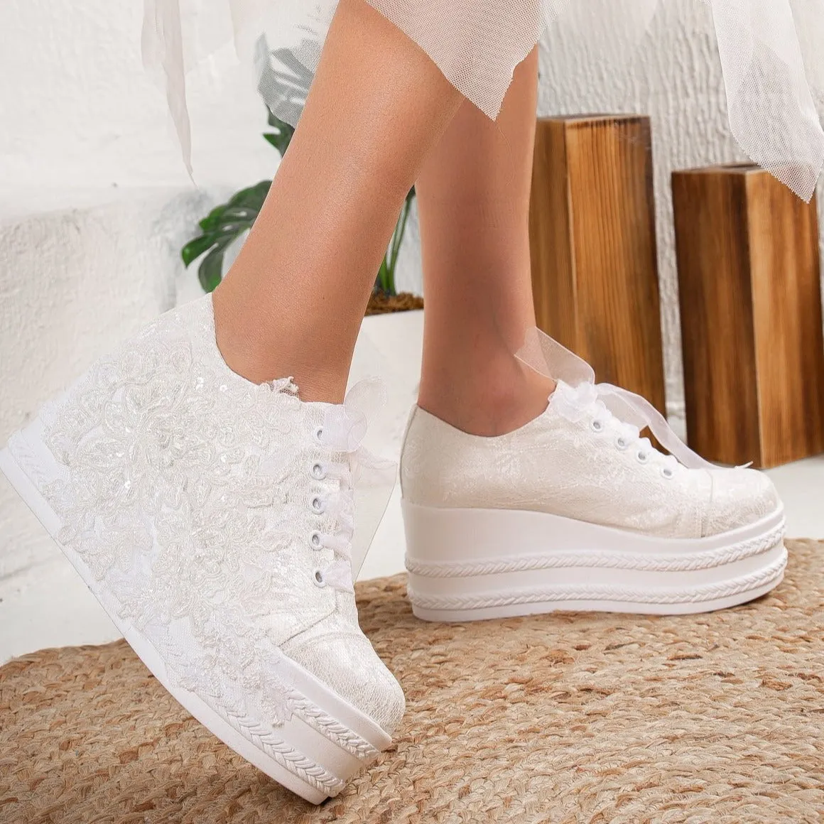 Claudine - Ivory Lace High Heel Wedding Sneakers