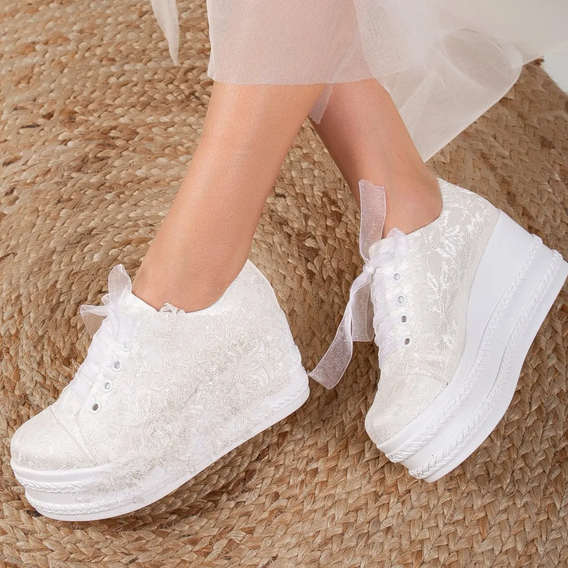 Claudine - Ivory Lace High Heel Wedding Sneakers