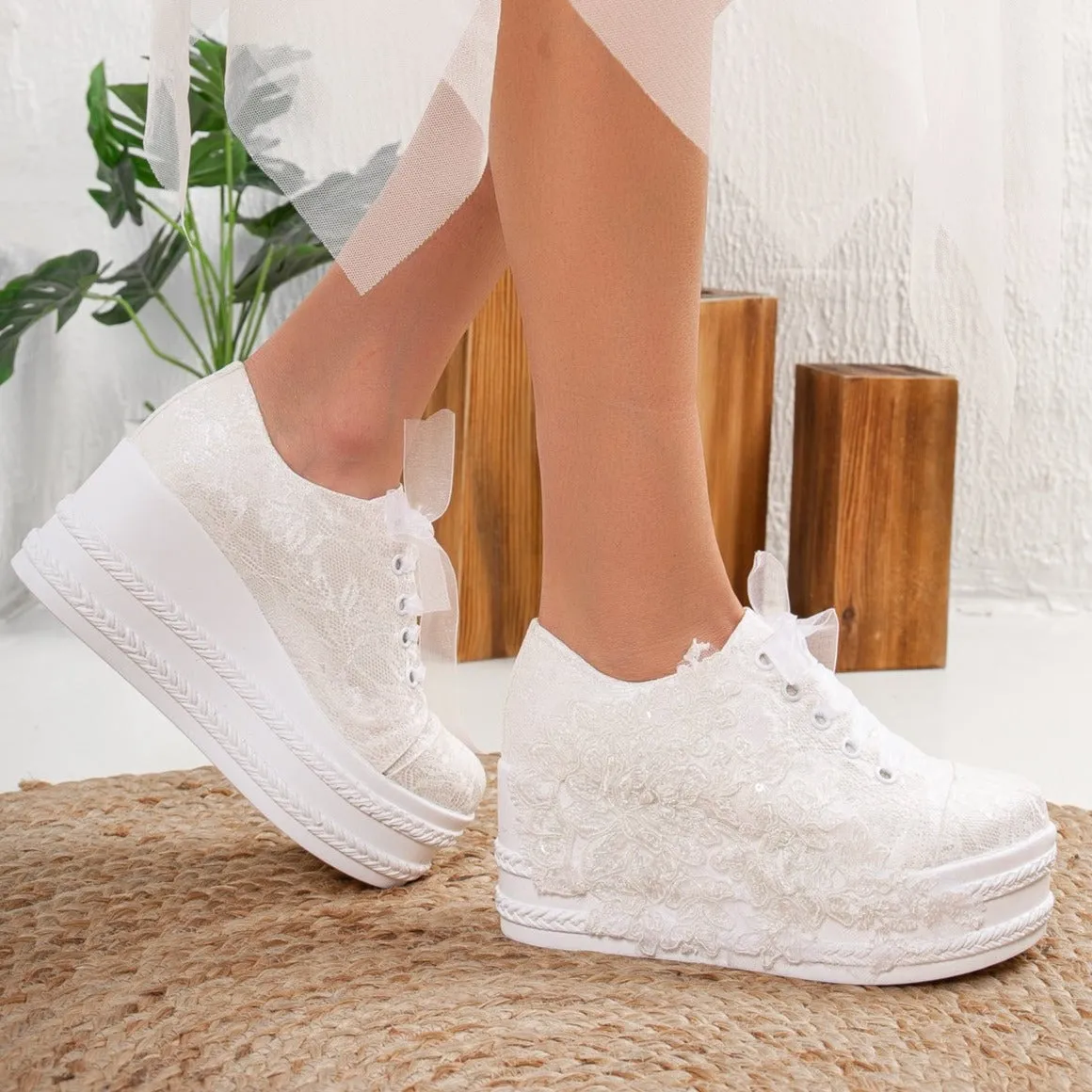 Claudine - Ivory Lace High Heel Wedding Sneakers