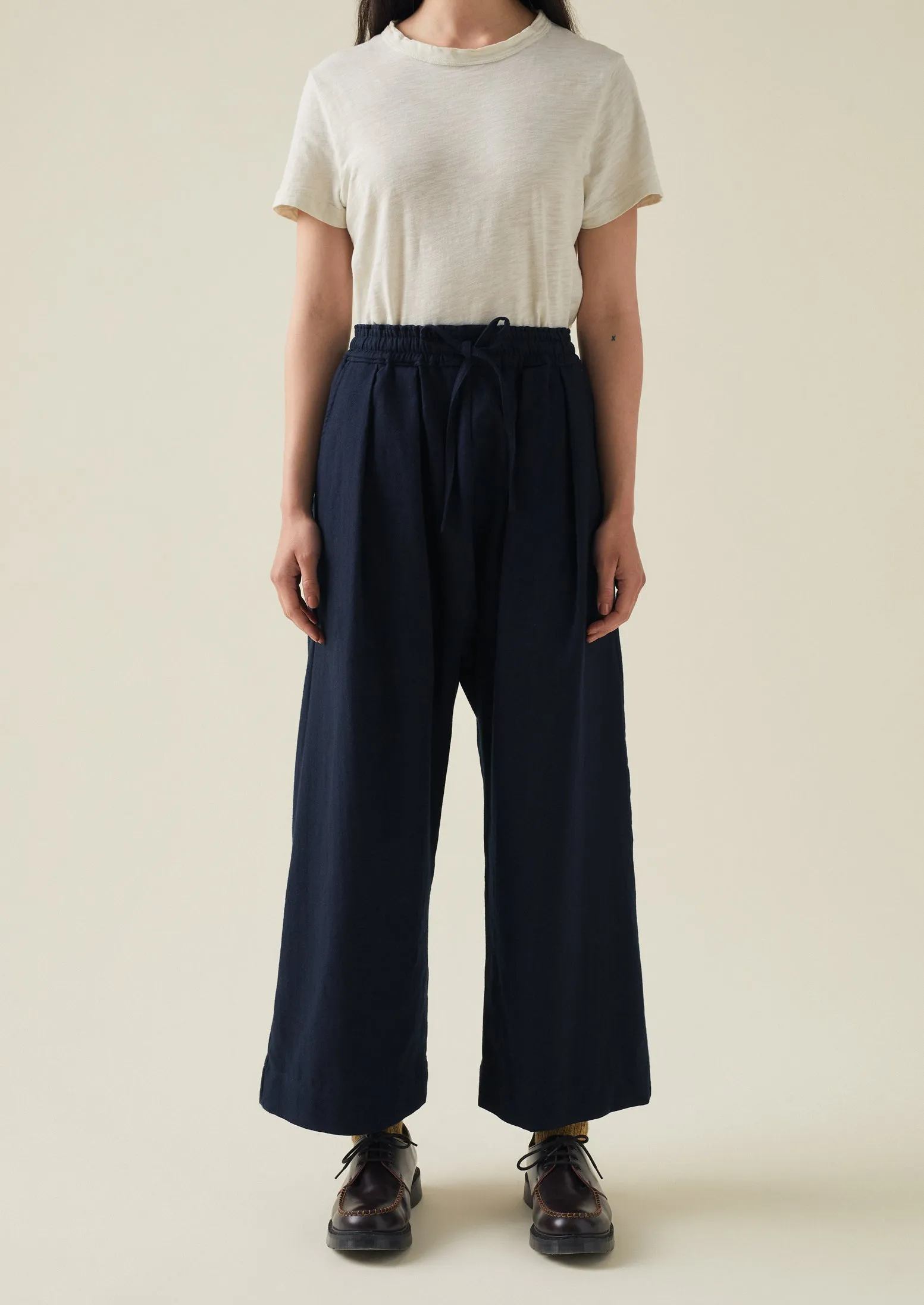 Cotton Wool Herringbone Pull On Pants | Dark Navy