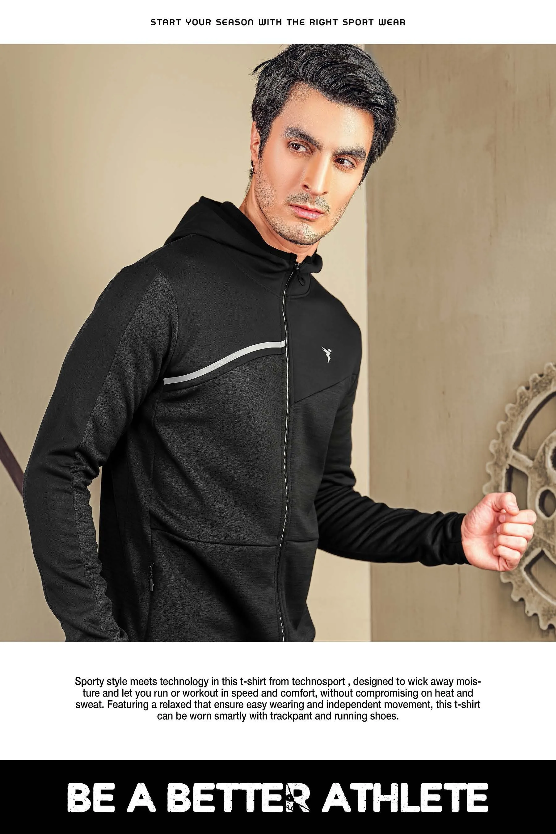 Technosport Full Sleeve Dry Fit Melange Hoodie Jacket for Men PL-74 (Black)