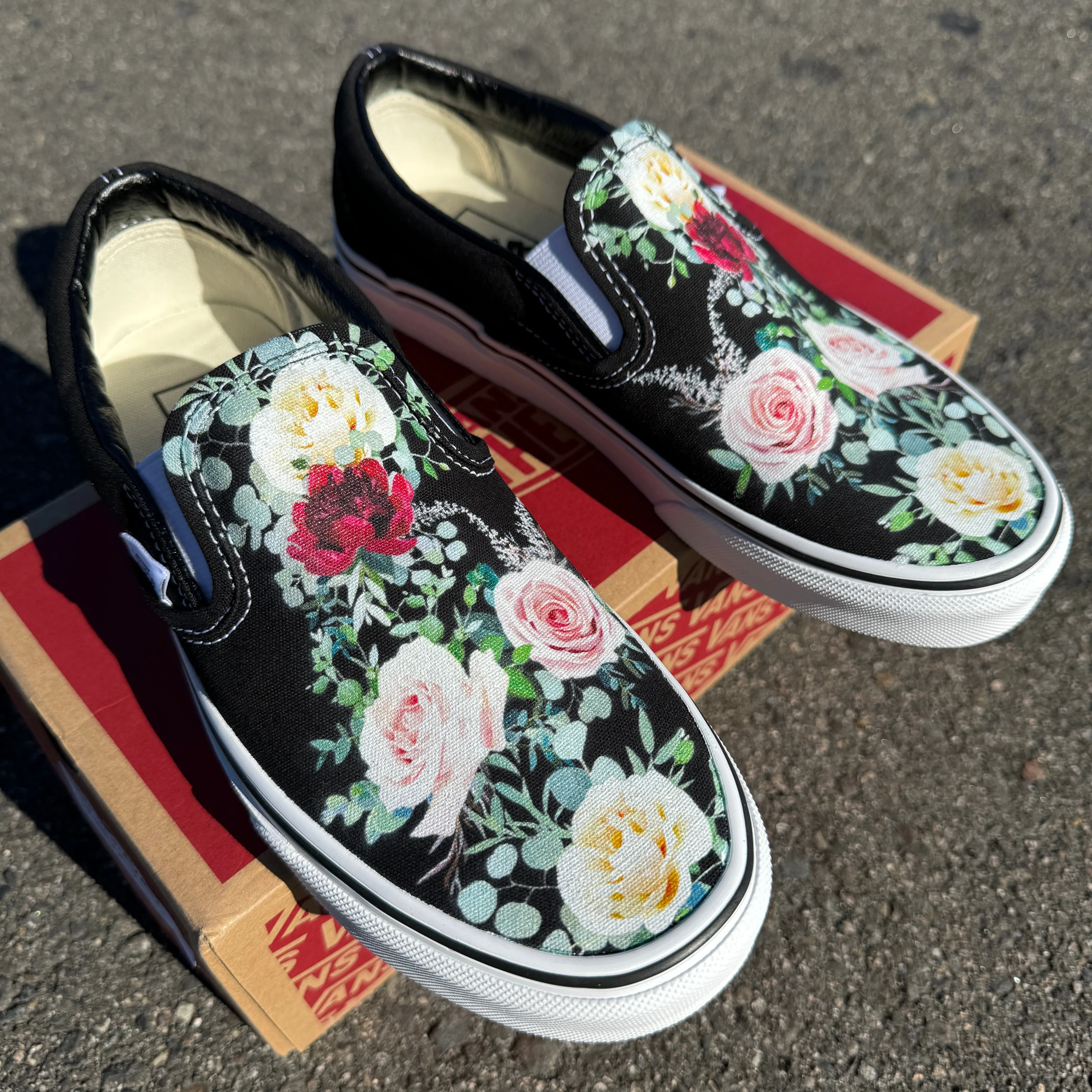 Whimsical Roses on Black Slip On Vans Shoes - Men's and Women's Custom Vans Sneakers