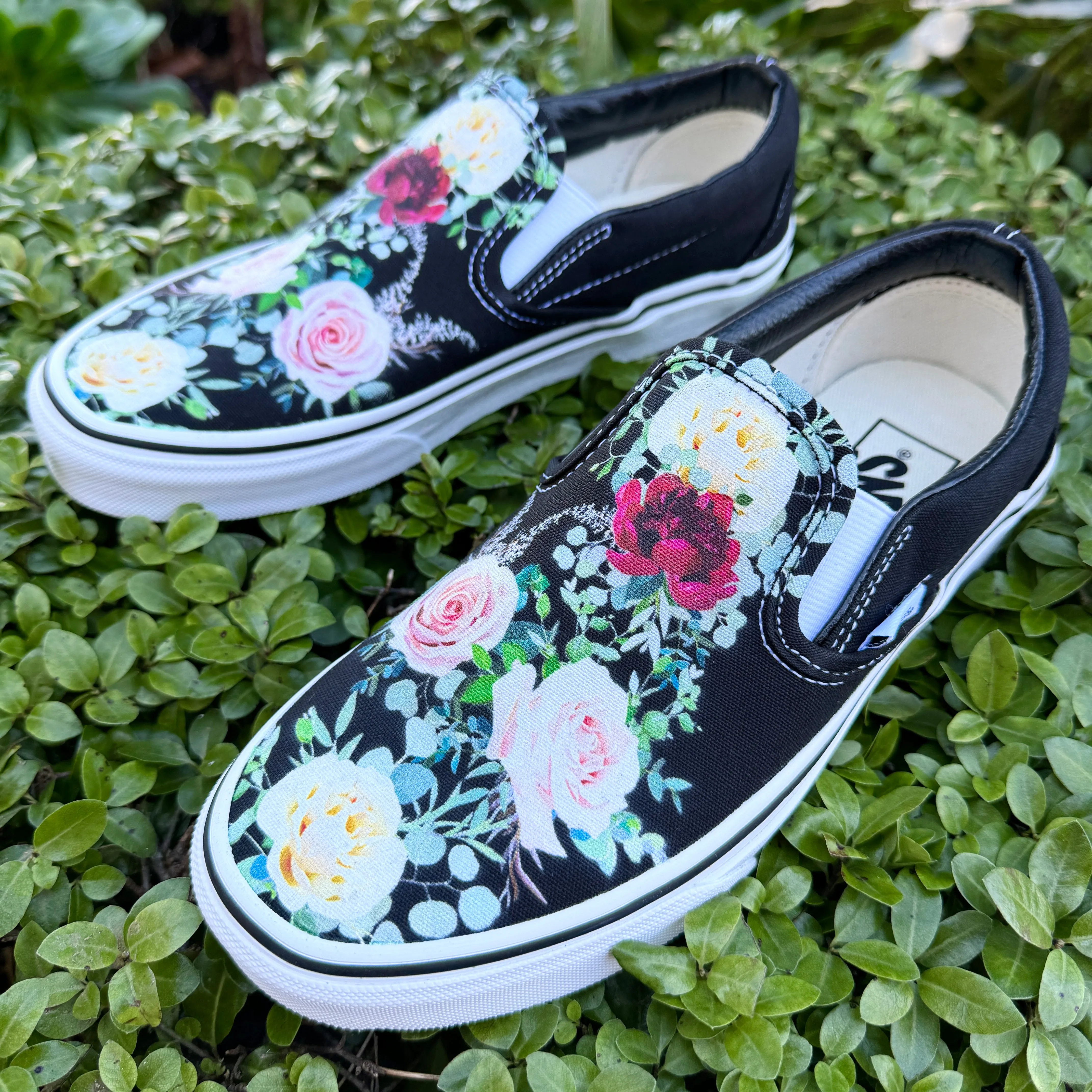 Whimsical Roses on Black Slip On Vans Shoes - Men's and Women's Custom Vans Sneakers