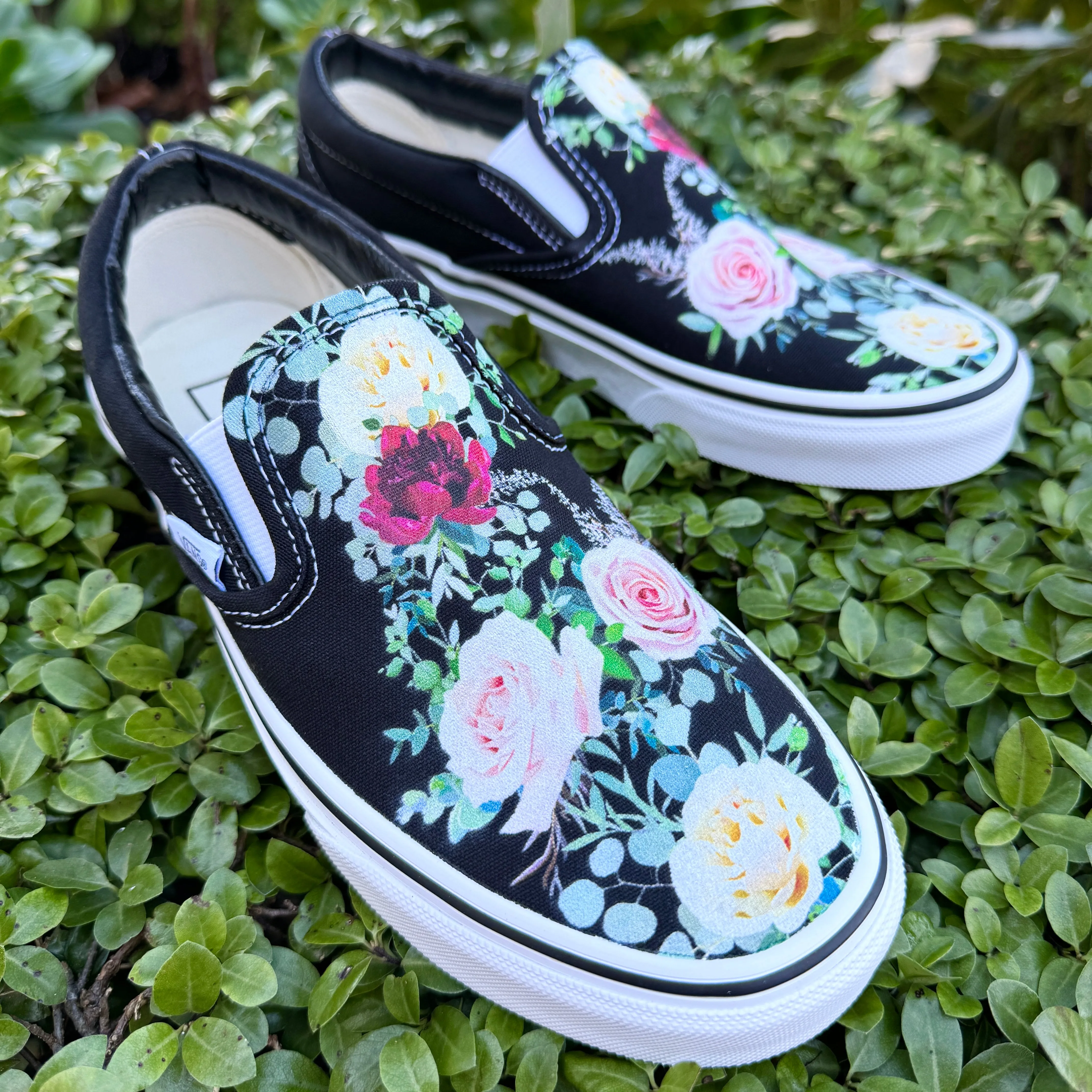 Whimsical Roses on Black Slip On Vans Shoes - Men's and Women's Custom Vans Sneakers