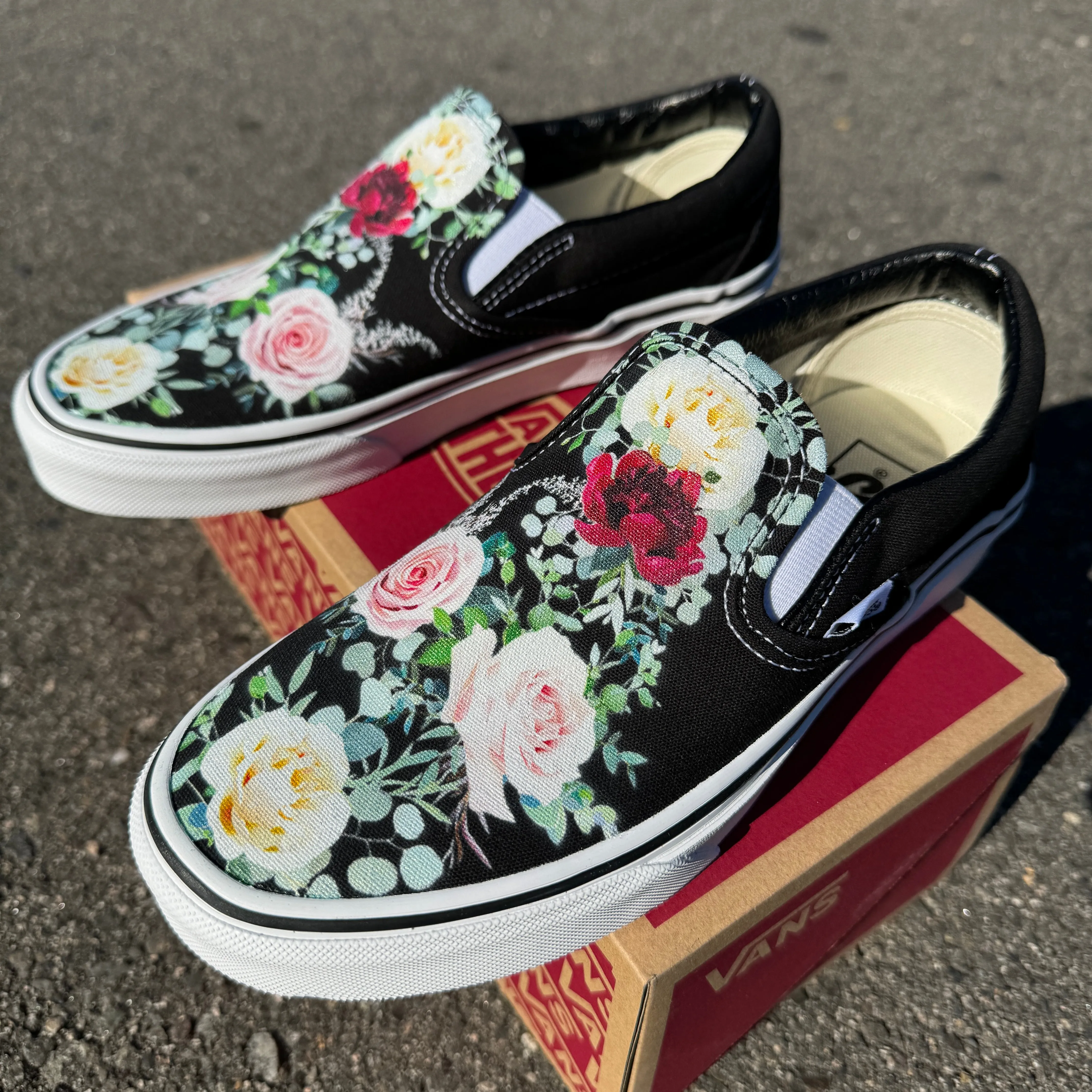 Whimsical Roses on Black Slip On Vans Shoes - Men's and Women's Custom Vans Sneakers