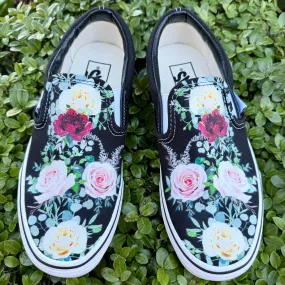 Whimsical Roses on Black Slip On Vans Shoes - Men's and Women's Custom Vans Sneakers